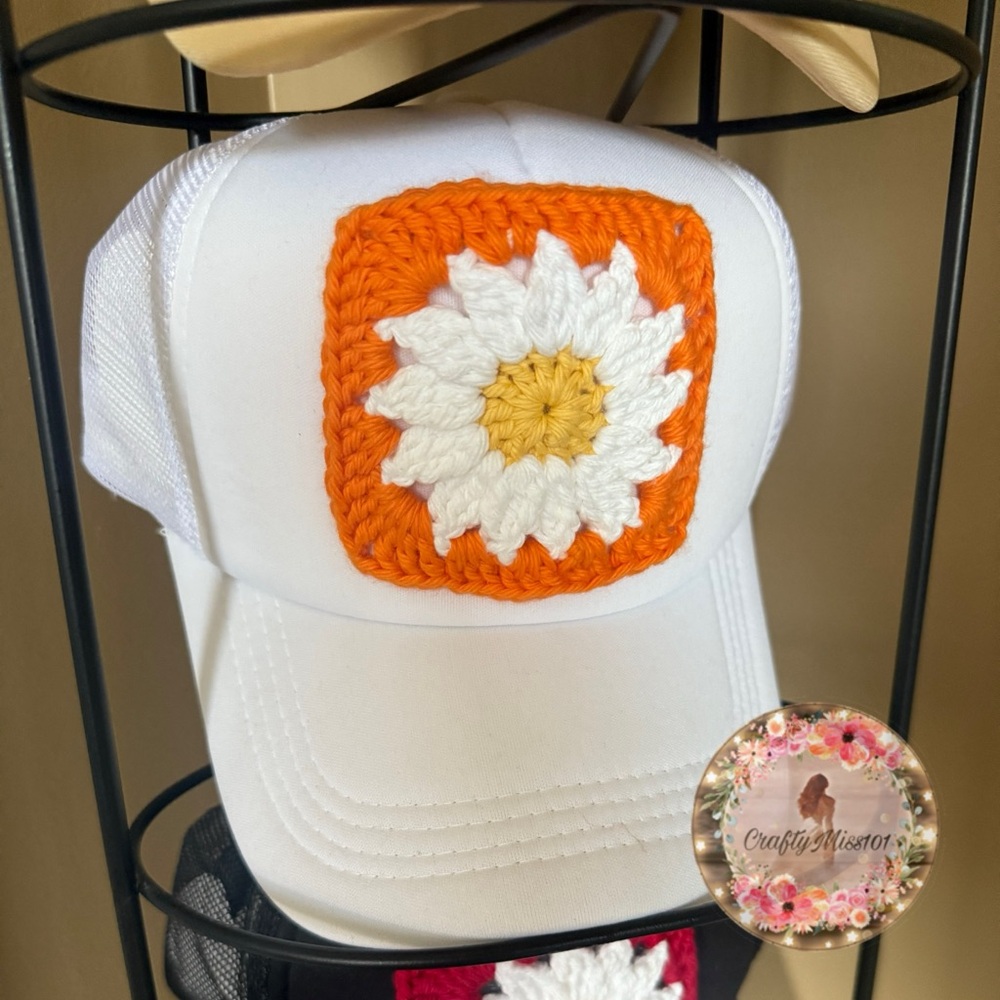 White Trucker Hat with Orange Crochet Flower